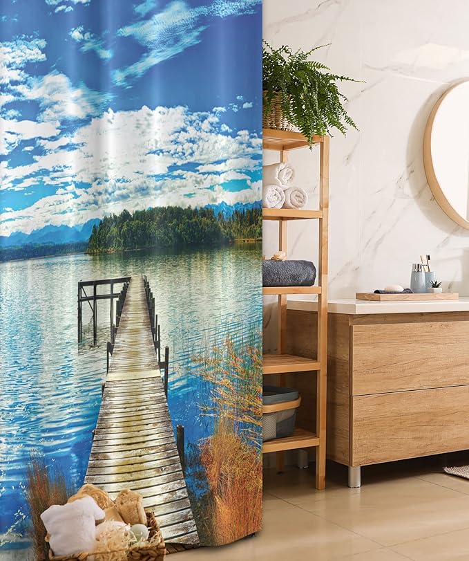 Ambesonne Beach Stall Shower Curtain, Countryside with Lake Trees Pier Cloudy Summer Sky Water Reflection Rural, Fabric Bathroom Decor Set with Hooks, 36" W x 72" L, Green Orange