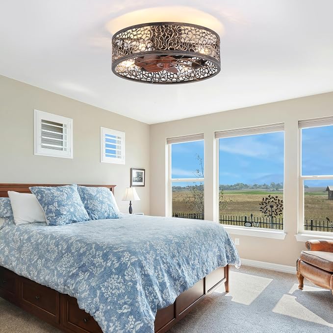 COCOSTAR Caged Ceiling Fan with Light Flush Mount Farmhouse Retro Fandelier | Remote/APP,Low Profile,Enclosed,Bladeless,Quiet,20" Rustic Light Fixture with Fan for Kitchen Bedroom Living Room Dining Room