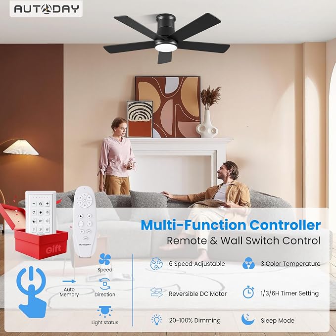 42 Inch Low Profile Ceiling Fan with Light, Black Ceiling Fans with Lights and Remote, Flush Mount, 6 Speeds Reversible Quiet DC, 3CCT Dimmable, Indoor Outdoor Ceiling Fans for Patios Bedroom