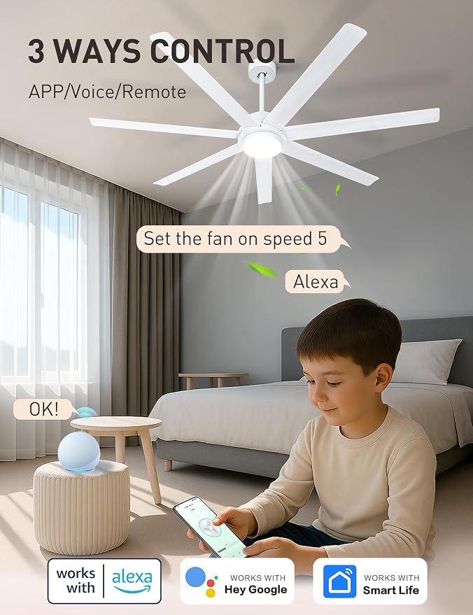 Minislak 62 inch Smart White Ceiling Fan with Light and Compatible with Alexa,6 Speed,3CCT,Quiet DC motor Indoor Oudoor Ceiling Fan for Living room or Patio