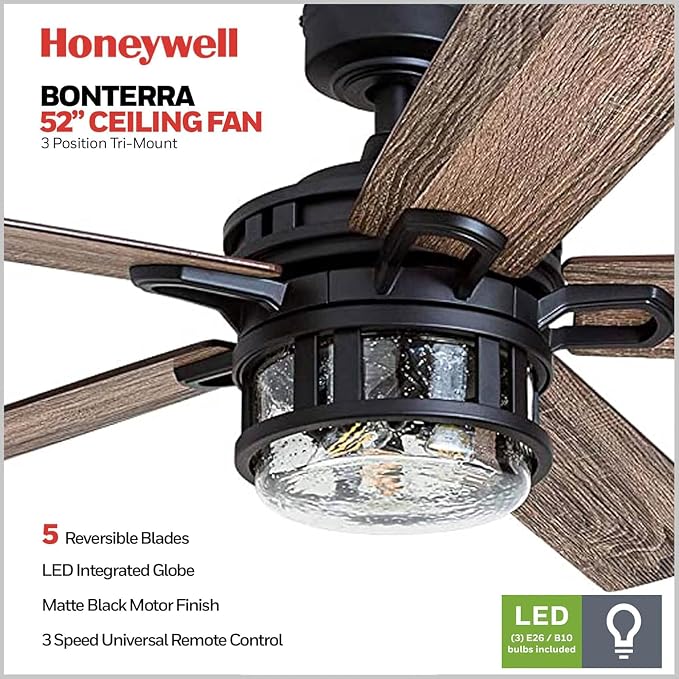 Honeywell Bonterra 52 Inch Ceiling Fan with LED Light and Remote Control, 5 Blades, Modern Fan for Rooms Over 400 Sq Ft, Matte Black
