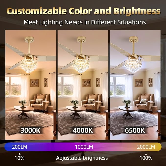 Chandelier Ceiling Fans With Lights And Remote, Chandelier Fan Ceiling,Crystal Ceiling Fan Fandelier With Lights,6 Speed 3 Timer Quiet Ceiling With Fans For Living Room Bedroom (Gold, 52 In'ch)