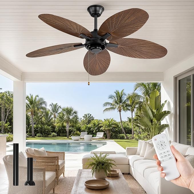 Fanbulous 52 Inch Ceiling Fan No Light, Remote & Pull Chain Tropical Fan With 6 Speeds, 3 Timers, DC Quiet Motor, 5 Palm Blade for Bedroom Living Room Covered Outdoor Patio Porch, Damp Rated, Brown
