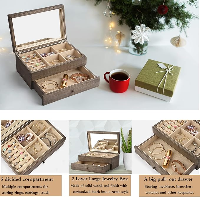 Meangood Jewelry Box Organizer for Women, 2 Layer Large Jewelry Storage Case, Rustic Wooden Jewelry Box with Mirror & Ring Tray for Necklace Earring Bracelets Rings, Vintage Style (Weathered Grey)