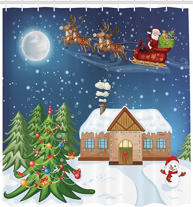Ambesonne Christmas Shower Curtain, Classical Xmas Scenery Santa Delivering Presents Rudolf The Red Nosed Reindeer, Cloth Fabric Bathroom Decor Set with Hooks, 69" W x 70" L, Slate Blue