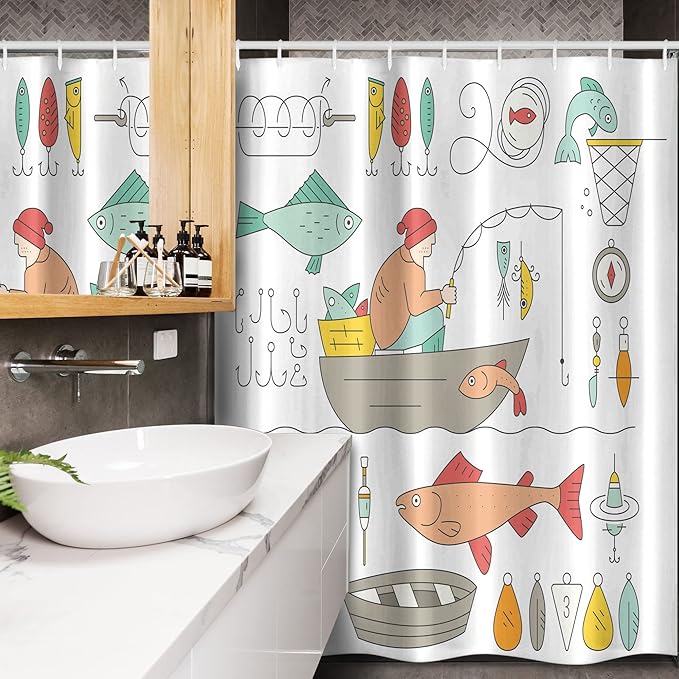 Ambesonne Nautical Stall Shower Curtain, Fishing Gear Fisherman in The Boat Catching Fish Rod Bobber Tackle, Fabric Bathroom Decor Set with Hooks, 54" W x 78" L, Green Mustard
