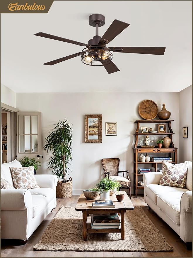 Fanbulous 1 Pack Farmhouse 48 Inch Ceiling Fans with Lights, Industrial Caged Ceiling Fans for Bedroom Living Room, Double-Sided 5 Blades Rustic Ceiling Fan-Oil Bronze