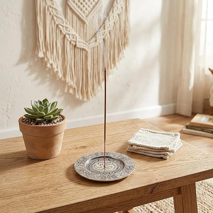 Hosley Tibetan Style Aluminum Incense Sticks Burner for Aromatherapy and Home Ambiance Aged Silver Finish 4.5" Diameter