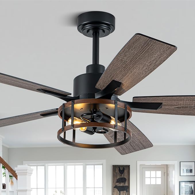 52 Inch Farmhouse Ceiling Fan with Light Rustic Ceiling Fan Quiet and Reversible DC Motor Industrial Caged Chandelier Fan for Living Room Bedroom Patio