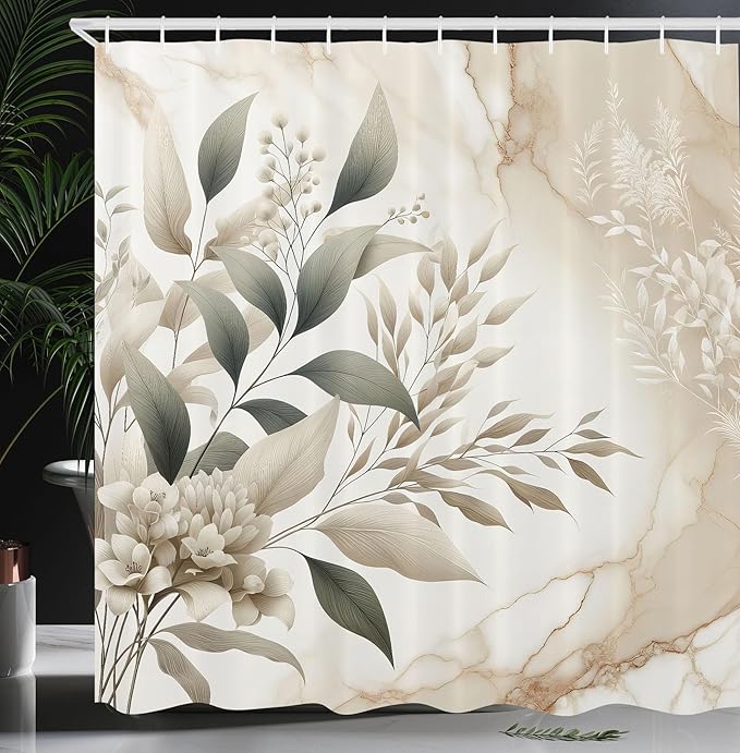 Ambesonne Neutral Shower Curtain, Romantic Cottagecore Wild Flowers Bouquet on Marble Background Print, Cloth Fabric Bathroom Decor Set with Hooks, 69" W x 75" L, Sepia and Dark Sea Green