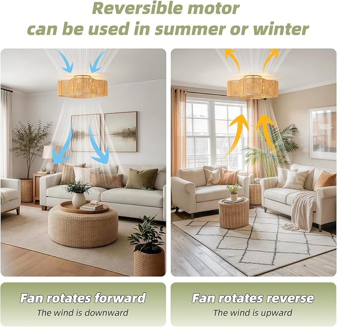 20" Boho Ceiling Fan with Light, Rattan Caged Flush Mount Ceiling Fan with Light Remote Control, Enclosed with 6 Speeds for Bedroom, Living Room, Foyer, Nursery