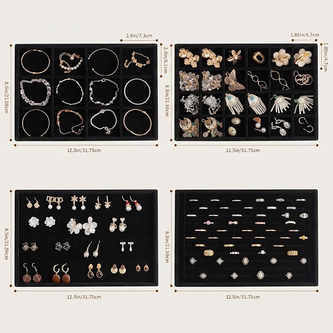 Frebeauty Jewelry Trays for Drawer,Set of 4 Jewelry Organizer and Storage | Velvet Material,Stackable,Adjustable Dividers,Drawer Inserts for Rings Studs Bracelet,Earring Organizer for Women Girls