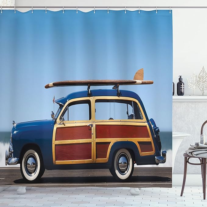 Ambesonne Surfboard Shower Curtain, Wave Rider Warm Tropic Weather Climate Wind Surfing Wakesurfing, Cloth Fabric Bathroom Decor Set with Hooks, 69" W x 70" L, Dark Blue Redwood Blue