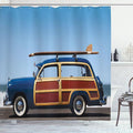Ambesonne Surfboard Shower Curtain, Wave Rider Warm Tropic Weather Climate Wind Surfing Wakesurfing, Cloth Fabric Bathroom Decor Set with Hooks, 69" W x 70" L, Dark Blue Redwood Blue