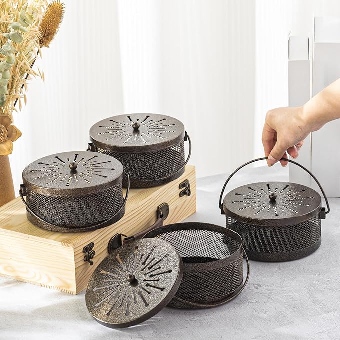 Lallisa 4 Pieces Mosquito Coil Holder Incense Coil Holder Round Retro Portable Metal Hanging Incense Burner with Handle for Home Camping Indoor Outdoor Patio(Bronze)