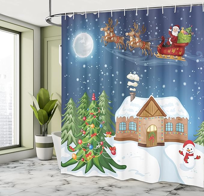 Ambesonne Christmas Shower Curtain, Classical Xmas Scenery Santa Delivering Presents Rudolf The Red Nosed Reindeer, Cloth Fabric Bathroom Decor Set with Hooks, 69" W x 70" L, Slate Blue