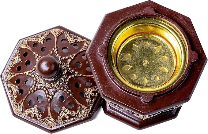 AM Lux Octagon Incense Burner – Bakhoor & Cone Holder | Charcoal Resin Burner for Frankincense, Myrrh & Aromatherapy | Decorative Mabkhara for Home, Office & Meditation Room Decor (Octagon Brown)