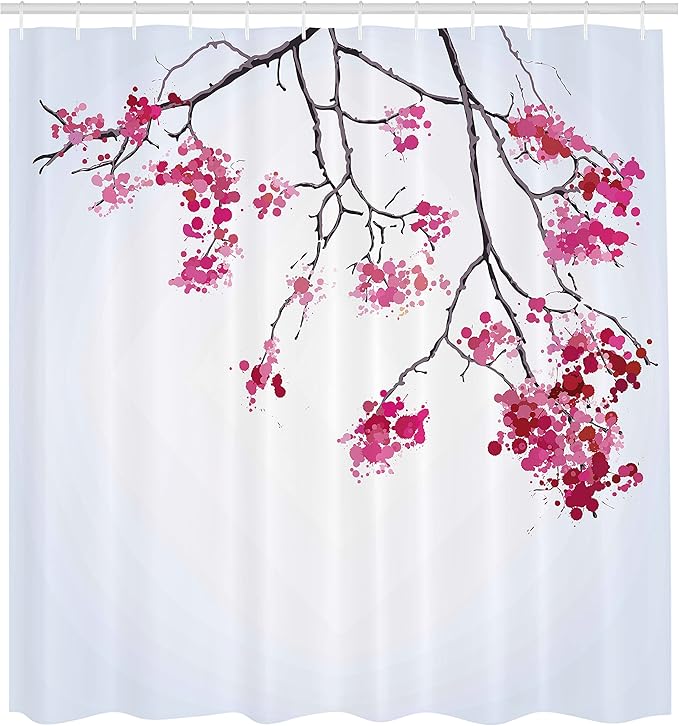 Ambesonne Japanese Shower Curtain, Cherry Blossom Sakura Tree Floral Branch Spring Season Theme Image, Cloth Fabric Bathroom Decor Set with Hooks, 69" W x 70" L, Dimgray Black