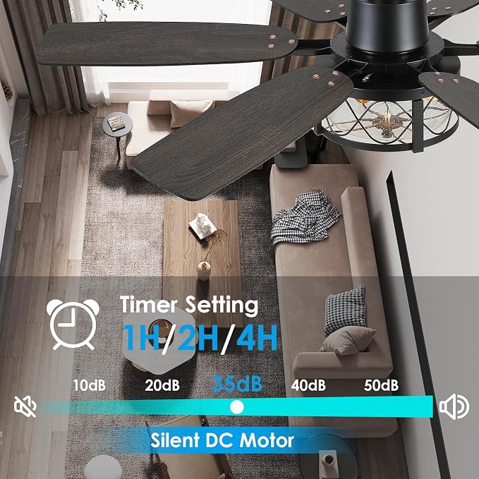 Hounberi 52" Farmhouse Ceiling Fans with Lights and Remote, Black Industrial Ceiling with Seeded Glass, 6-Speed Reversible DC Motor, Caged Ceiling Fans for Living Room Bedroom