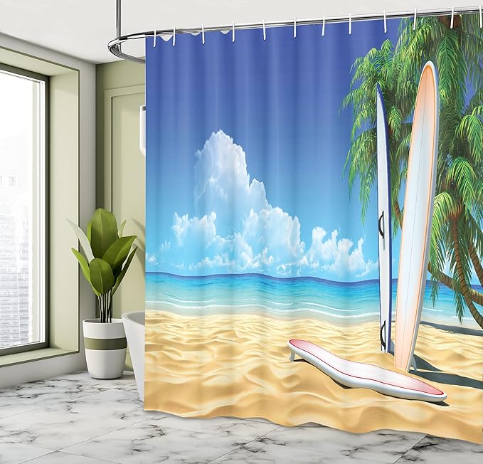 Ambesonne Tropical Shower Curtain, Surf Board on The Sand by Ocean Sea Idyllic Serene Coast Paradise Image, Cloth Fabric Bathroom Decor Set with Hooks, 69" W x 70" L, Royal Blue Sand Brown