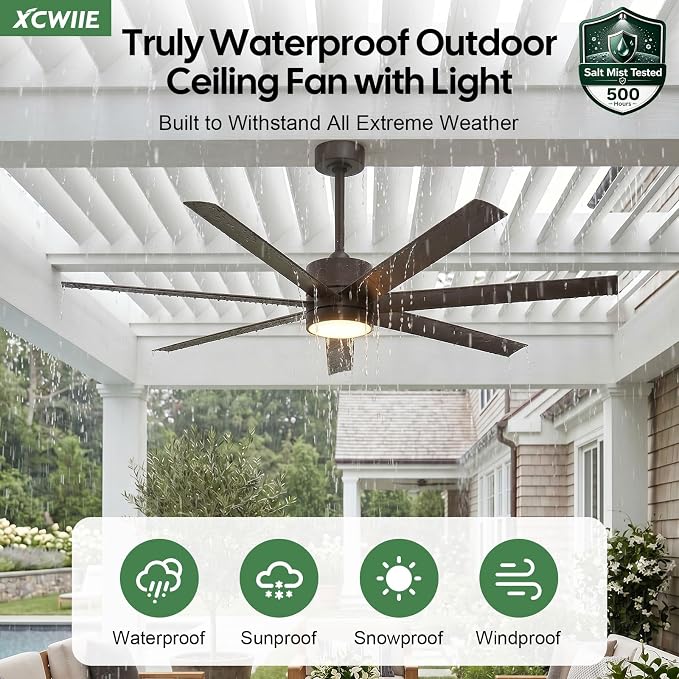56 Inch Waterproof Outdoor Ceiling Fan with Light, All-Weather Wet Rated Outdoor Fans for Patios, 7 UV-Proof Blades, Smart Alexa/App/Remote Control, High CFM Quiet DC Motor for Exterior Gazebo Porch