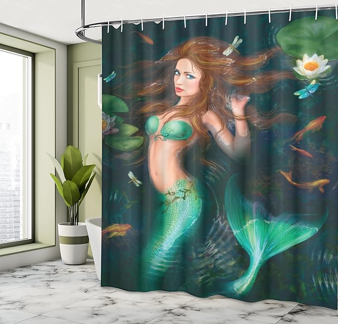 Ambesonne Underwater Shower Curtain, Fantasy Mermaid in Lake with Lilies Blossom Plants Leaves, Cloth Fabric Bathroom Decor Set with Hooks, 69" W x 84" L, Green Brown Jade Green