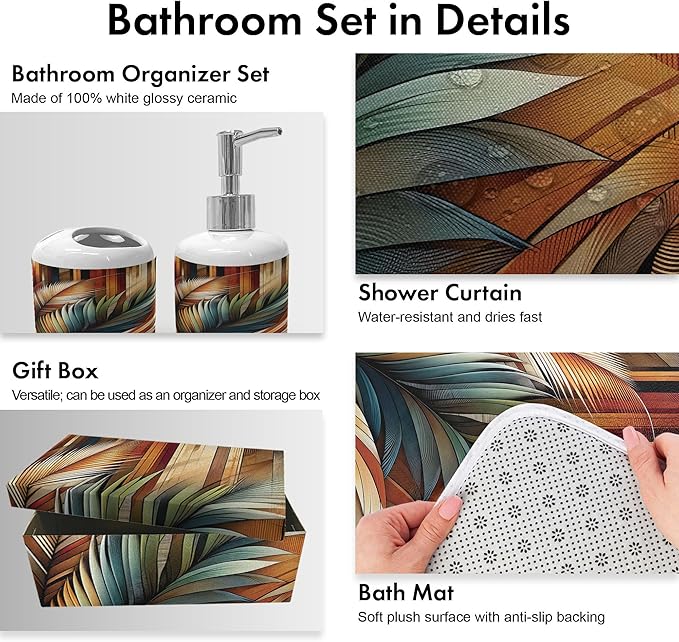 Ambesonne Aesthetic Bathroom Decor Set 4 Pcs Including Shower Curtain with Hooks Bath Mat Soap Dispenser Toothbrush Holder in Box Essentials & Accessories, Boho Rustic Leaves, Burnt Orange Teal Blue
