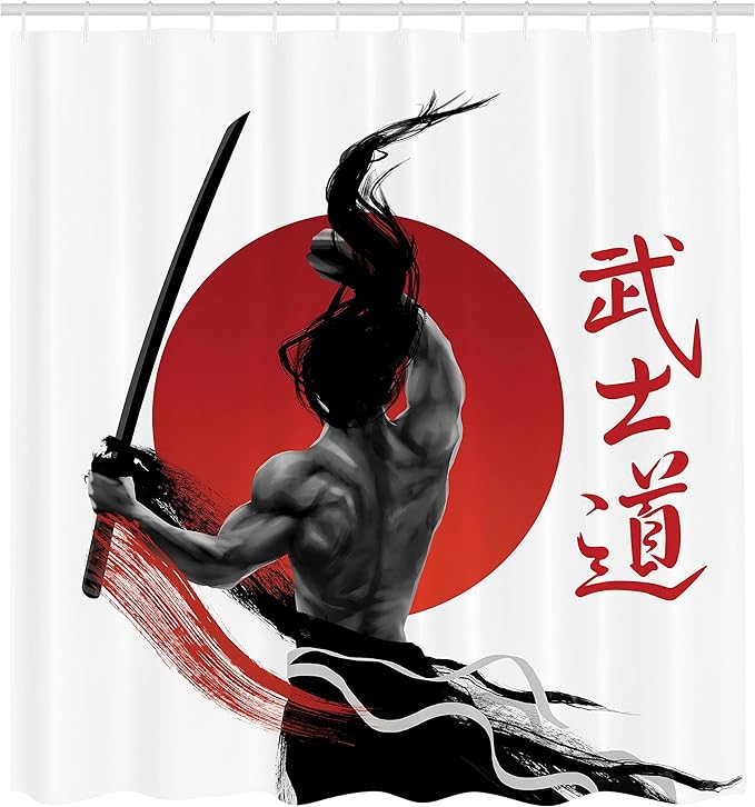 Ambesonne Japanese Shower Curtain, Samurai at Practice with Muscles Japanese Oriental Sun Discipline Image, Cloth Fabric Bathroom Decor Set with Hooks, 69" W x 70" L, Black and White