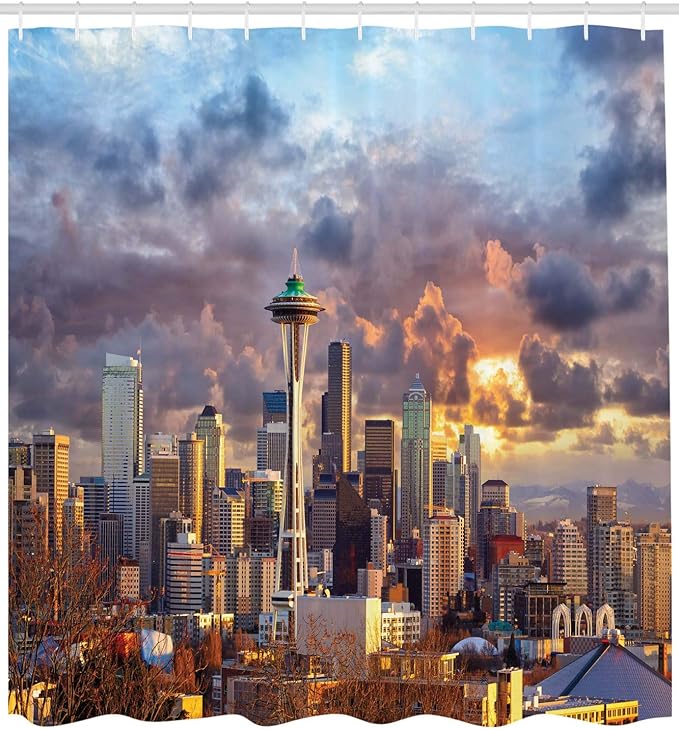 Ambesonne USA Shower Curtain, Seattle Skyline at Sunset WA United States Beams Through Dramatic Cloudscape Scenery, Cloth Fabric Bathroom Decor Set with Hooks, 69" W x 70" L, Blue Grey
