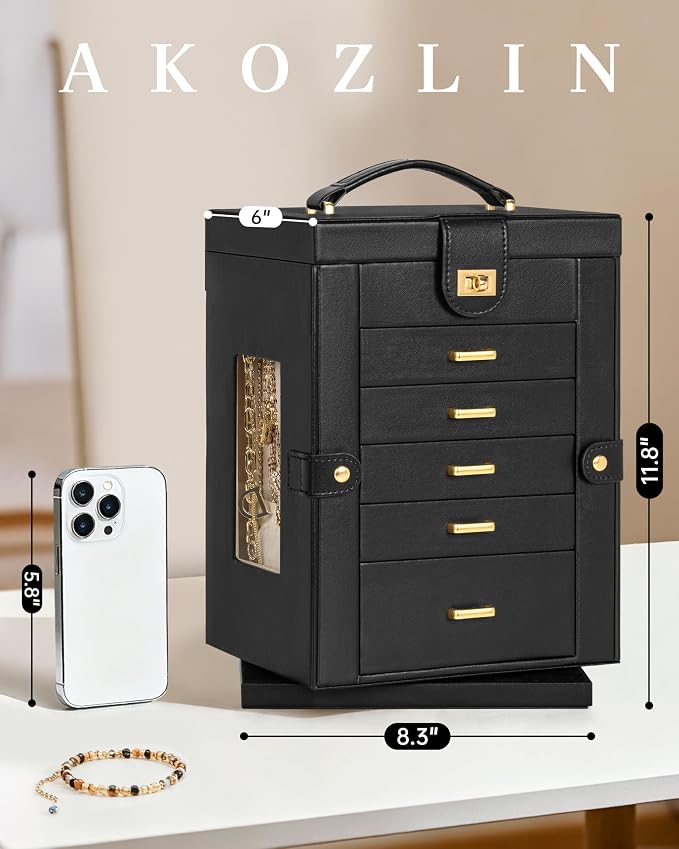 AKOZLIN 6-Tier Jewelry Box Organizer Functional 5 Drawers Leather Jewelry Storage Case for Women Girls Ring Necklace Earring Bracelet Holder Organizer with Mirror Black 360° Rotating