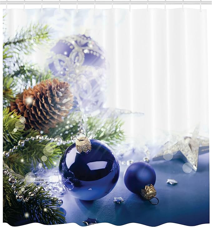 Ambesonne Christmas Shower Curtain, Colorful Blue Toned Ornaments of Winter Holidays Seasonal Motifs Print, Cloth Fabric Bathroom Decor Set with Hooks, 69" W x 70" L, Blue Grey White