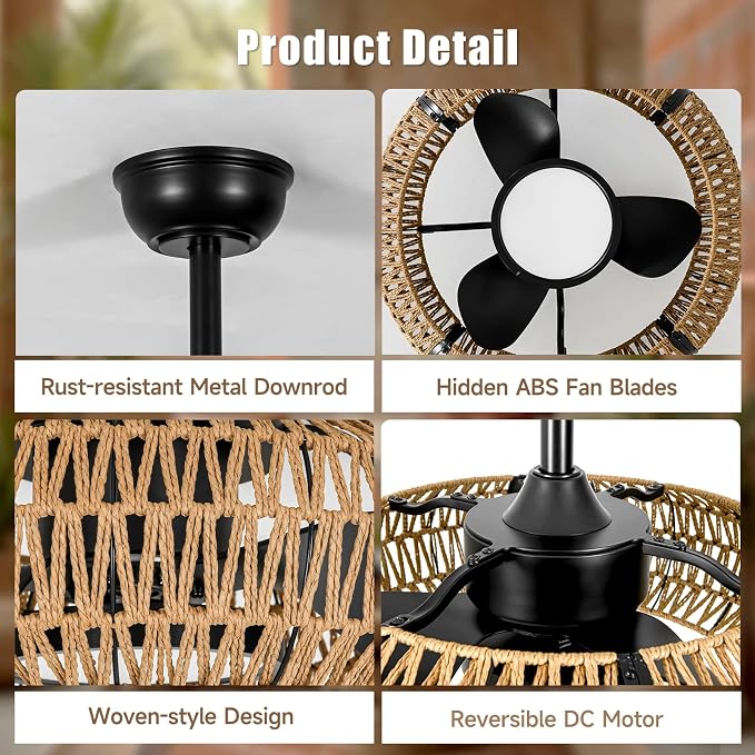 ocioc 20" Caged Ceiling Fans with Lights and Remote,Fandelier Ceiling Fan with Light,Bladeless,Quiet Reversible DC Motor,Rattan Boho Ceiling Fan for Bedroom,Living Room