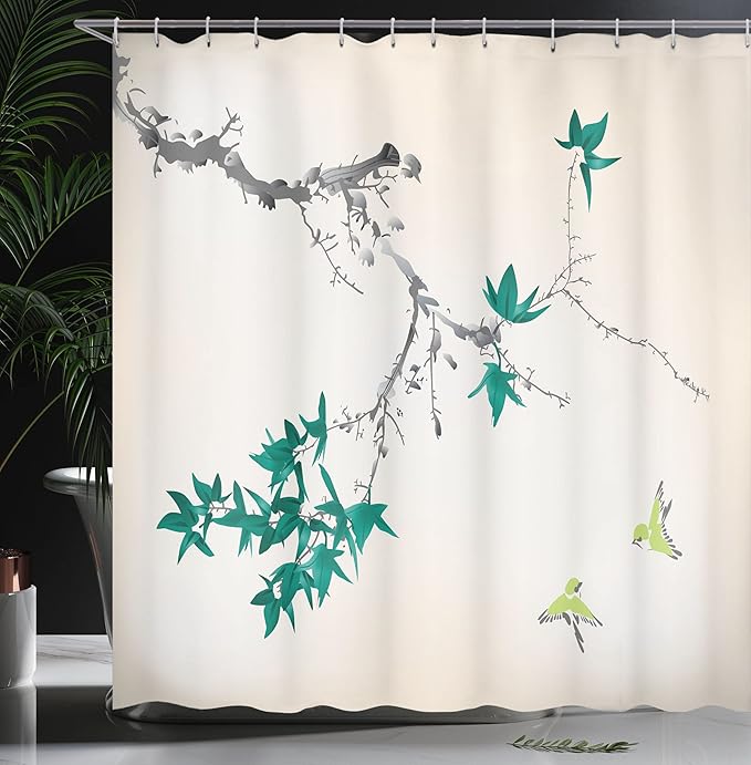 Ambesonne Japanese Shower Curtain, Cherry Blossom Sakura Tree Branches Romantic Spring Themed Watercolor Picture, Cloth Fabric Bathroom Decor Set with Hooks, 69" W x 84" L, Dark Seafoam