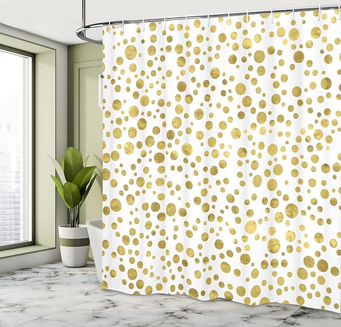 Ambesonne Polka Dots Shower Curtain, Asymmetric Illustration of Round Speckled Forms Irregular Layout Vintage Style 20s Print, Cloth Fabric Bathroom Decor Set with Hooks, 69" W x 84" L, White Yellow