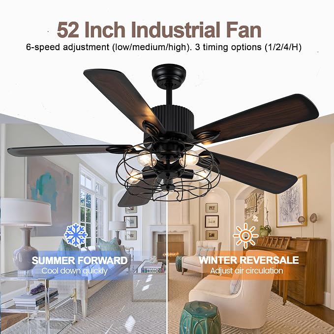 52" Industrial Farmhouse Ceiling Fan with Lights and Remote, Black Vintage Caged Fandelier Ceiling Fan with 5 Reversible Wooden Blades for Dining Room Living Room Bedroom