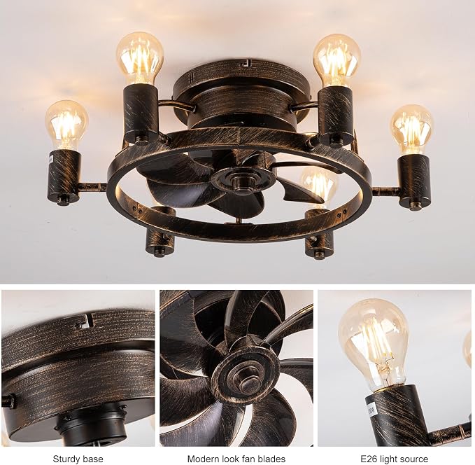 Garwarm Ceiling Fans with Lights and Remote, 20 Inch Low Profile Flush Mount Ceiling Fan with Light, Farmhouse Rustic Industrial Fan Lights Ceiling Fixtures for Bedroom,Kitchen(6 Speed,Timing)-Bronze