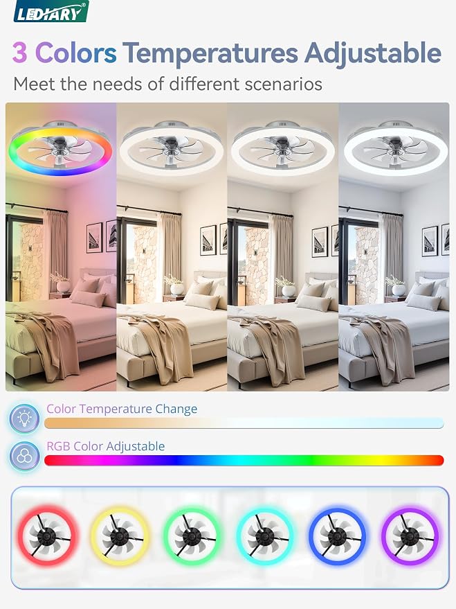 LEDIARY RGB Low Profile Ceiling Fans with Lights and Remote, 20 Inch Dimmable Modern Fan Light(3000K-6000K), 6 Speed, Reversible, APP & Remote Control, Flush Mount Ceiling Fan for Bedroom, Grey