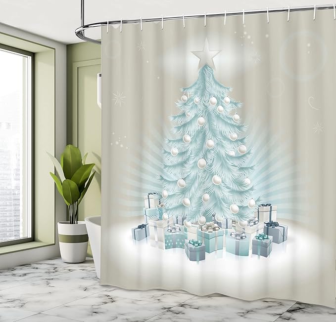 Ambesonne Christmas Shower Curtain, Merry Xmas Themed Fir Tree with Ornate Tree Topper and Baubles, Cloth Fabric Bathroom Decor Set with Hooks, 69" W x 75" L, Mint Green Slate Blue