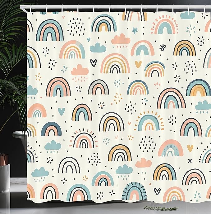 Ambesonne Rainbow Shower Curtain, Funny Scandi Art Cloud and Curving Lines Colorful Joy Happy Atmosphere, Cloth Fabric Bathroom Decor Set with Hooks, 69" W x 84" L, Ivory Blush Soft Blue