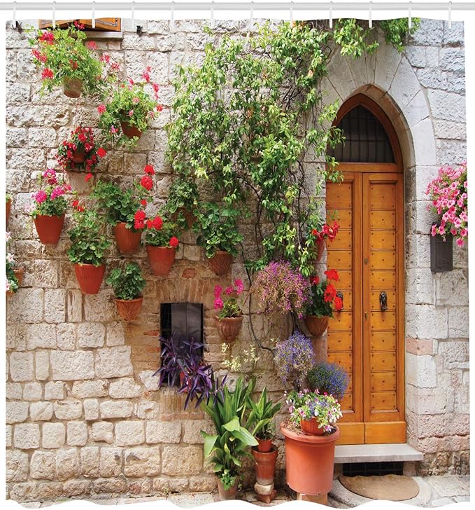 Ambesonne Tuscan Shower Curtain, Begonia Blossoms in Box Window Wooden Shutters Brick Wall Romagna Italy, Cloth Fabric Bathroom Decor Set with Hooks, 69" W x 70" L, Orange White Green