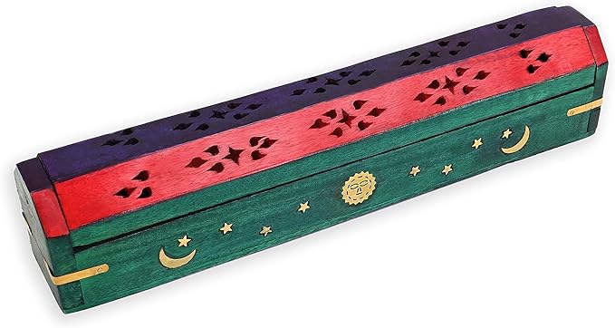 Incense Garden Pack of 2 Incense Stick Holder - Coffin Style - Wood Incense Stick Burner with Sun Moon Star Inlays Handmade with Brass Inlays (Multicolor)