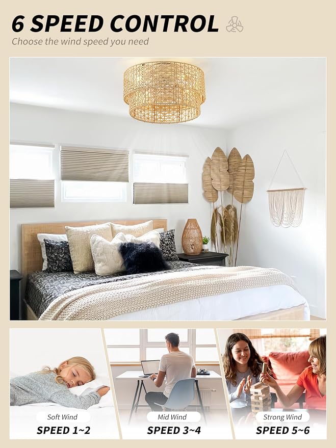 Flush Mount Ceiling Fan with Lights Low Profile, 20" Rattan Boho Ceiling Fan with Light Remote Control, Bladeless Caged with 6 Speeds for Bedroom, Living Room, Nursery