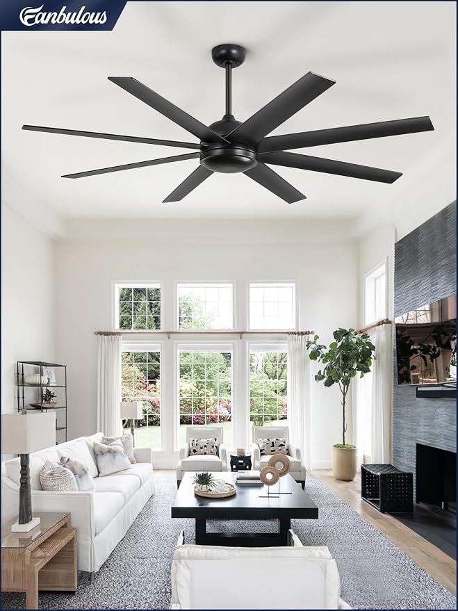Fanbulous 65 Inch Ceiling Fans No Light with Remote, Black Indoor/Outdoor Ceiling Fan Without Light with Quiet Reversible DC Motor, 6 Speeds, 8 Blades Large Ceiling Fan for Living Room Bedroom Patio
