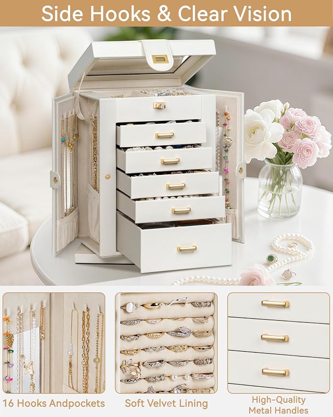 AKOZLIN 6-Tier Jewelry Box Organizer Functional 5 Drawers Leather Jewelry Storage Case for Women Girls Ring Necklace Earring Bracelet Holder Organizer with Mirror White 360° Rotating