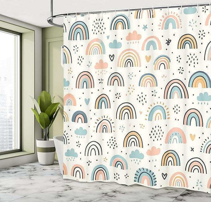 Ambesonne Rainbow Shower Curtain, Funny Scandi Art Cloud and Curving Lines Colorful Joy Happy Atmosphere, Cloth Fabric Bathroom Decor Set with Hooks, 69" W x 84" L, Ivory Blush Soft Blue