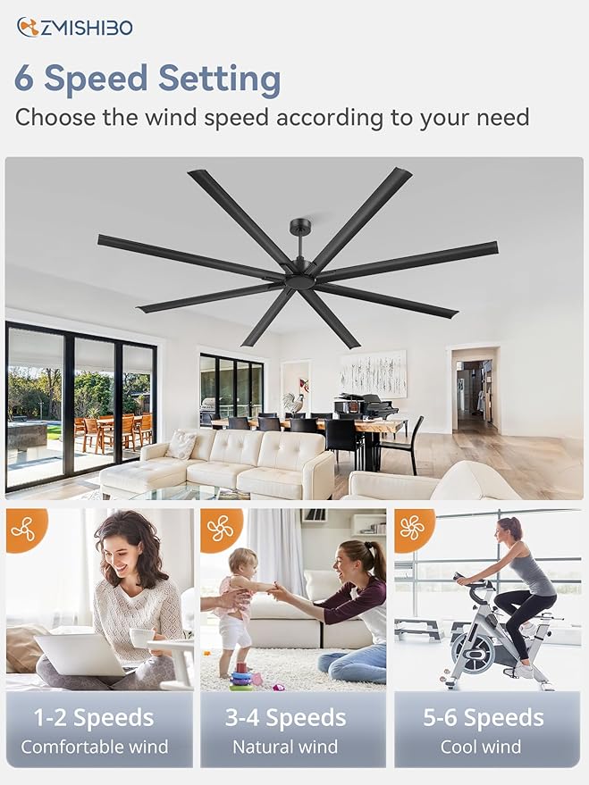 ZMISHIBO 108 Inch No light, Large Industrial High Volume (HVLS) Ceiling Fan with Reversible DC Motor, 8 Aluminium Blades, Modern Commercial Ceiling Fan without Light for Garage/shop/living room,Black