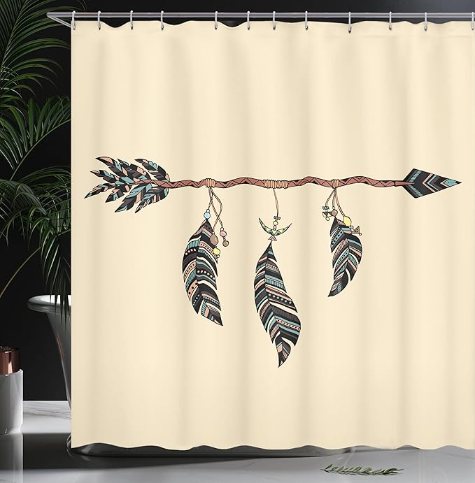 Ambesonne Arrows Shower Curtain, Arrow in Ethnical Pattern with Feathers Native Tribal Design Print, Cloth Fabric Bathroom Decor Set with Hooks, 69" W x 75" L, Beige Black