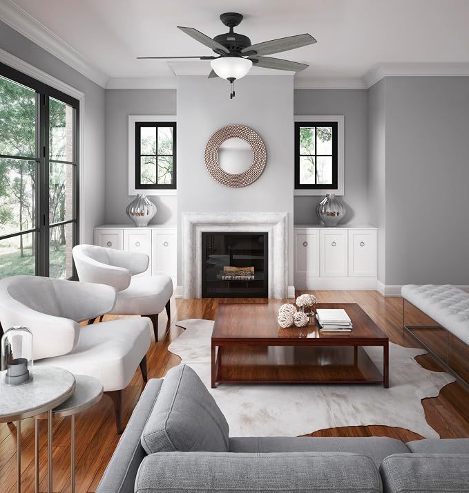 Hunter 52 inch Indoor Ceiling Fan with LED Light - Black Ceiling Fan with Pull Chain, for Bedroom or Living Room, Standard Mount, No Remote, 5 Blades, Includes Bulbs - Newsome 52395, Matte Black | Standard Mount, Pull Chain, 5 Blades, For Bedroom, Livi...