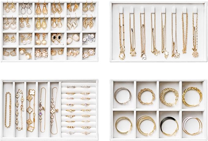 Velvet Jewelry Drawer Organizer Trays – White Stackable Jewelry Storage Inserts Set, 4-Layer Jewelry Tray Set for Earrings, Rings, Necklaces, Bracelets with Removable Dividers for Dresser & Vanity