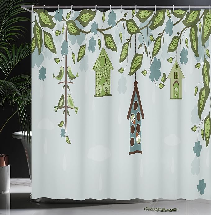 Ambesonne Birds Shower Curtain, Birds Sitting in Cages Hanged on Floral Tree Branches Peace Blooming Nature Print, Cloth Fabric Bathroom Decor Set with Hooks, 69" W x 75" L, Green Navy